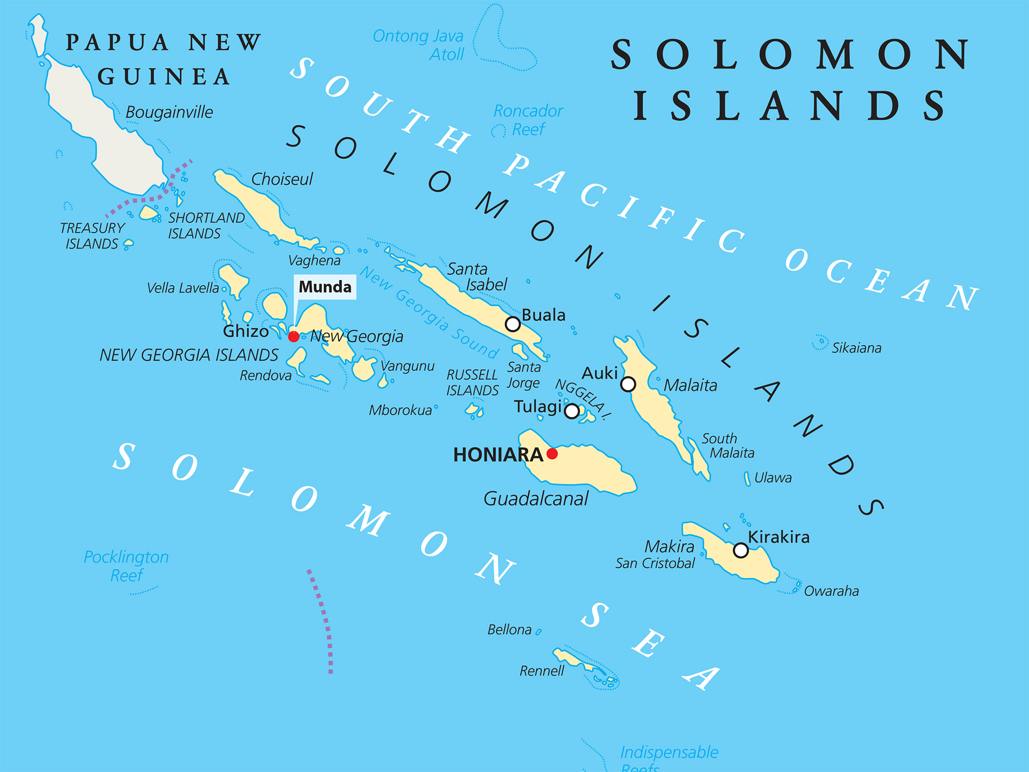 Solomon Islands Map indicates Munda location
